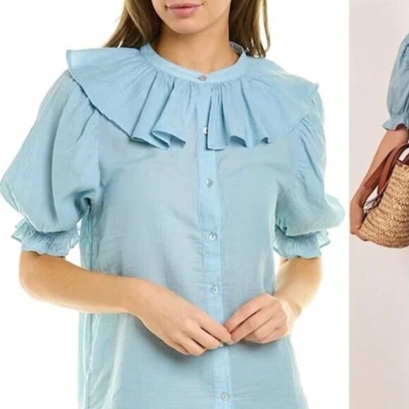 BA&SH Cotton Puffed Short Sleeve Victorian Ruffle Collar Button Up Blouse - Picture 1 of 14